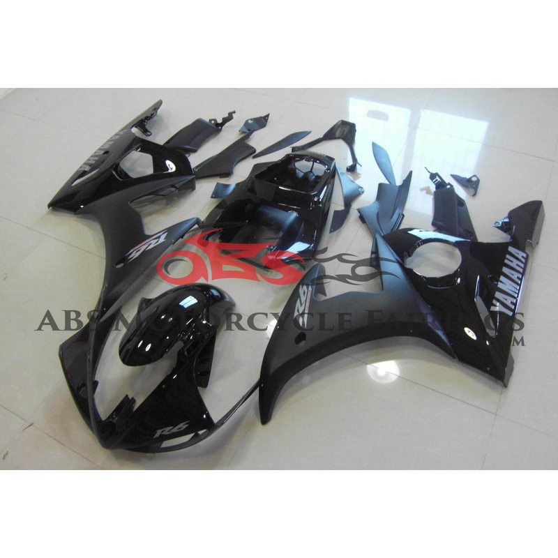 Yamaha YZF-R6 (2005) Black & Matte Black Fairings Clear Windscreen: Free No Seat Cowl No Bolt Kit