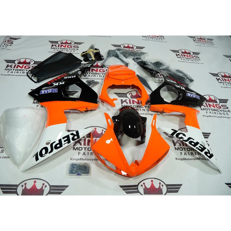 Yamaha YZF-R6 (2005) Orange, White & Black Repsol Fairings Clear Windscreen: Free No Seat Cowl No Bolt Kit
