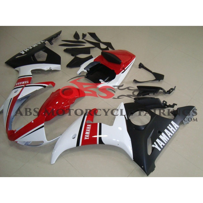 Yamaha YZF-R6 (2005) Red, White & Matte Black Fairings Clear Windscreen: Free No Seat Cowl No Bolt Kit