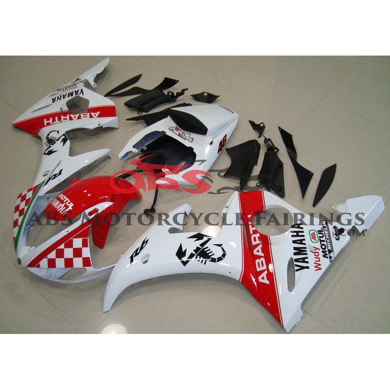 Yamaha YZF-R6 (2005) White & Red Abarth Scorpion Fairings Clear Windscreen: Free No Seat Cowl No Bolt Kit