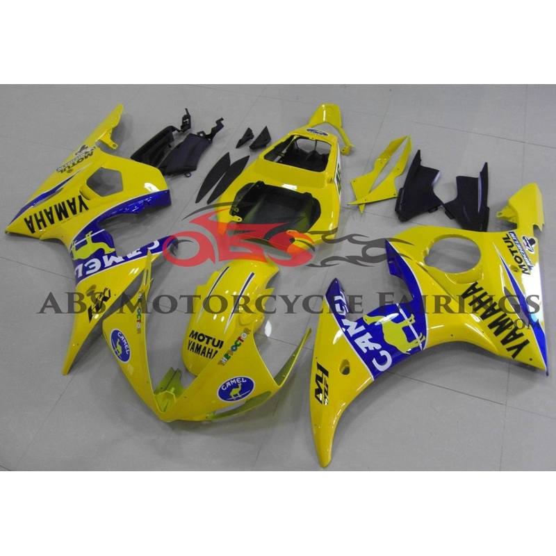 Yamaha YZF-R6 (2005) Yellow & Blue Camel Fairings Clear Windscreen: Free No Seat Cowl No Bolt Kit
