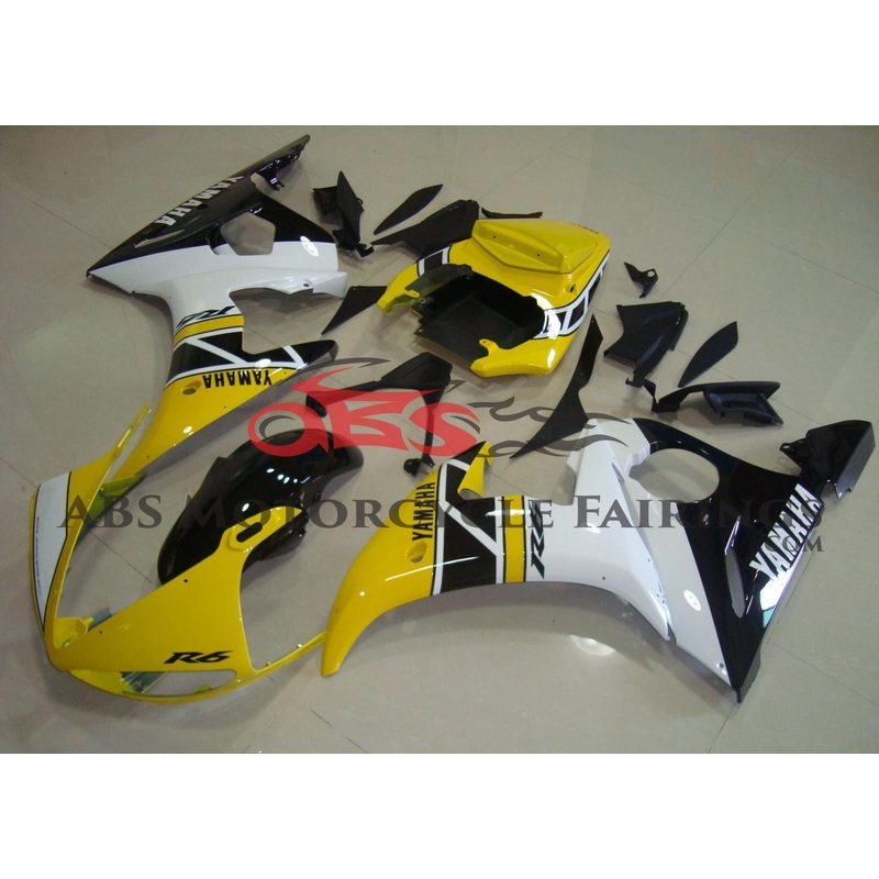 Yamaha YZF-R6 (2005) Yellow, White & Black Fairings Clear Windscreen: Free No Seat Cowl No Bolt Kit