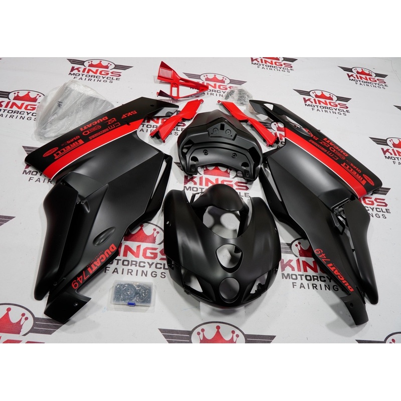 Ducati 999 (2005-2006) Matte Black & Red Fairings Clear Windscreen: Free No Seat Cowl No Bolt Kit
