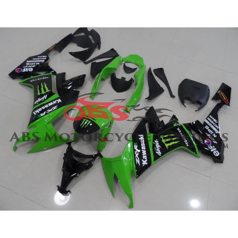 Fairing kit for a Kawasaki Ninja ZX10R (2008-2010) Black & Green Monster Energy Clear Windscreen: Free No Seat Cowl No Bolt Kit