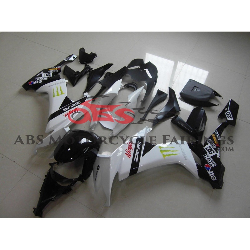 Fairing kit for a Kawasaki Ninja ZX10R (2008-2010) White & Black Monster Energy Clear Windscreen: Free No Seat Cowl No Bolt Kit