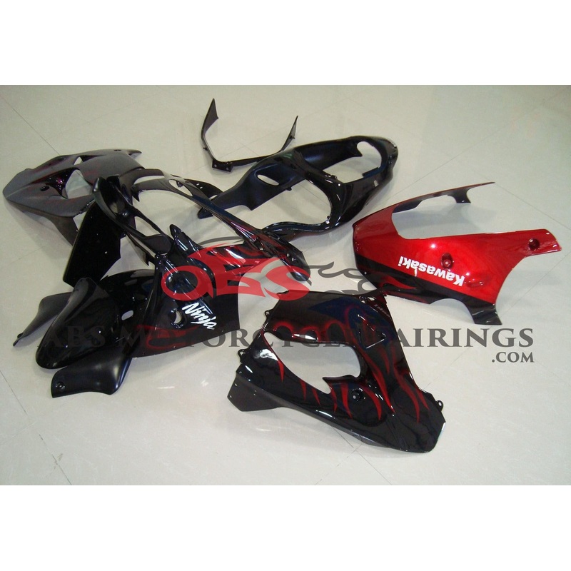 Fairing Kit for a Kawasaki ZX-9R (1998-1999) Black & Candy Apple Red Flames CLEAR WINDSCREEN: FREE NO SEAT COWL NO BOLT KIT