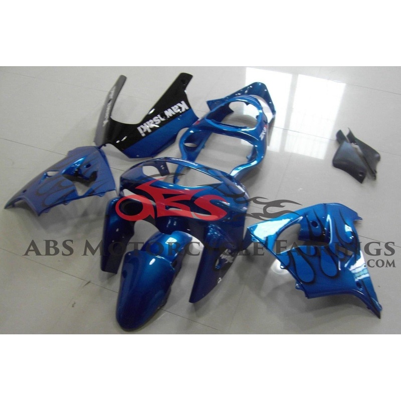 Fairing Kit for a Kawasaki ZX-9R (1998-1999) Blue & Black Flames CLEAR WINDSCREEN: FREE NO SEAT COWL NO BOLT KIT