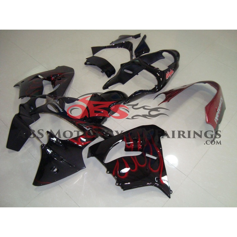 Fairing Kit for a Kawasaki ZX-9R (1998-1999) Candy Apple Red Flames & Black CLEAR WINDSCREEN: FREE NO SEAT COWL NO BOLT KIT