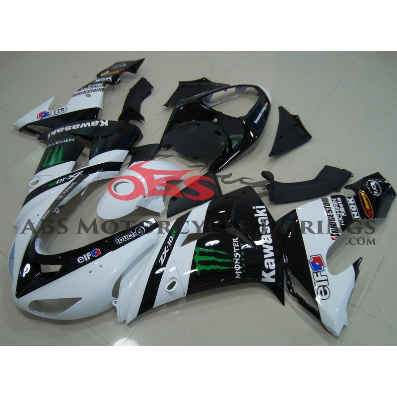 Fairing kit for a Kawasaki ZX10R (2006-2007) White, Black Monster Energy Clear Windscreen: Free No Seat Cowl No Bolt Kit
