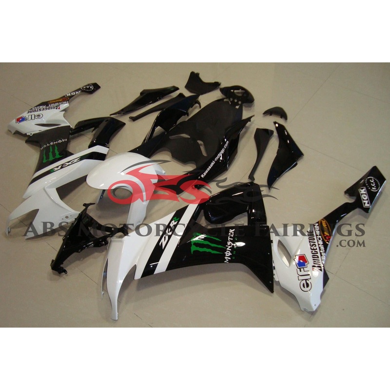 Fairing Kit For A Kawasaki ZX10R (2008-2010) Black, White Monster Energy Clear Windscreen: Free No Seat Cowl No Bolt Kit