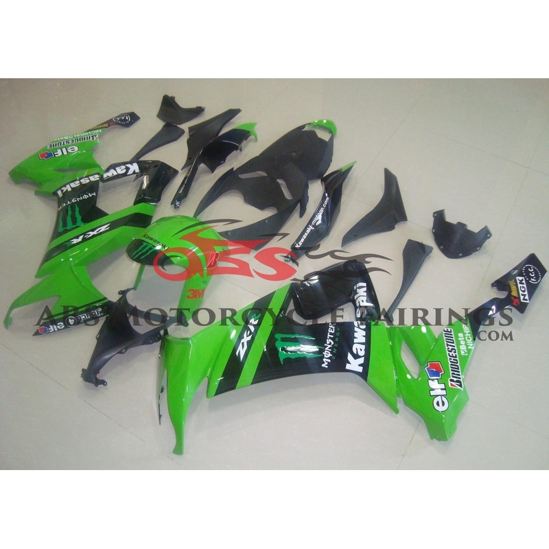 Fairing kit for a Kawasaki ZX10R (2008-2010) Green & Black Monster Elf Clear Windscreen: Free No Seat Cowl No Bolt Kit