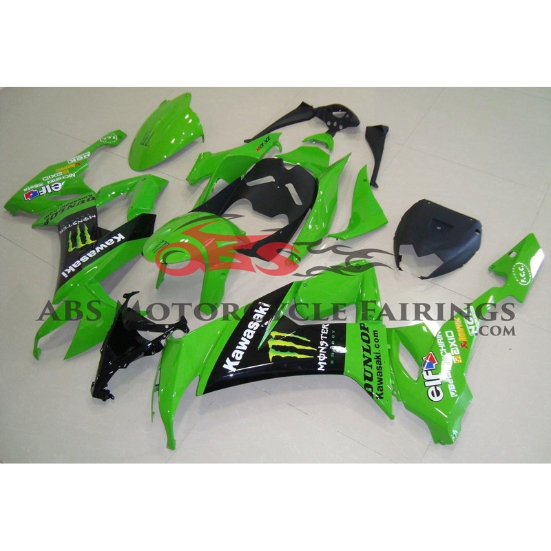 Fairing kit for a Kawasaki ZX10R (2008-2010) Green & Black Monster Energy Clear Windscreen: Free No Seat Cowl No Bolt Kit