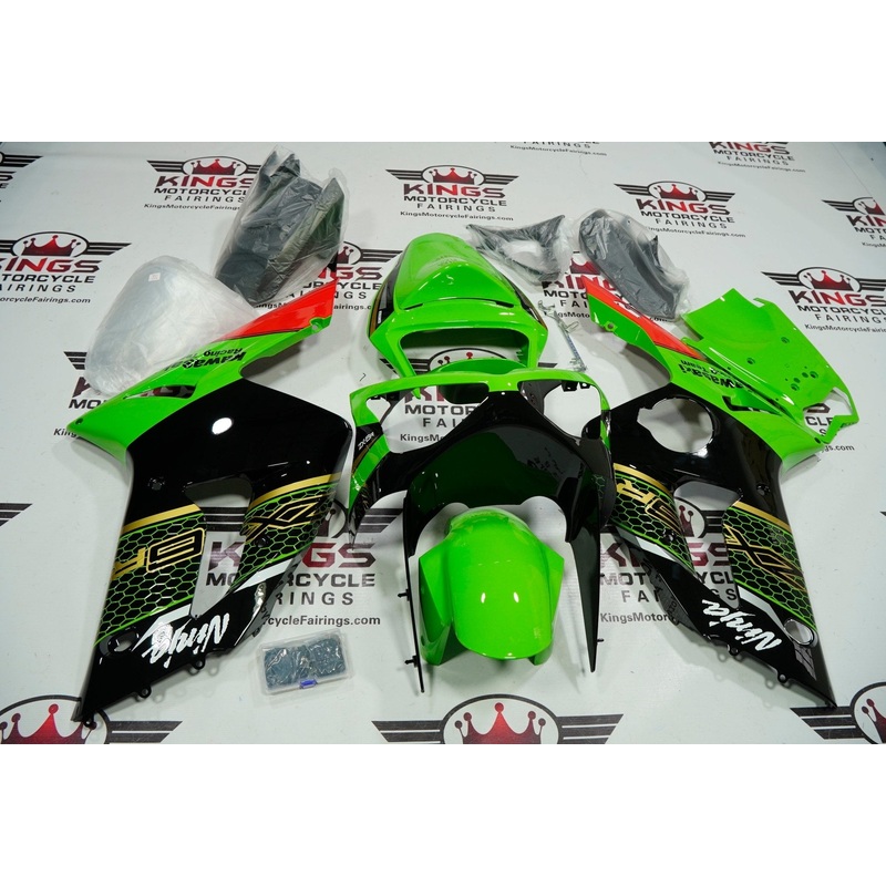 Fairing kit for a Kawasaki ZX6R 636 (2003-2004) Green, Gold, Black & Red Clear Windscreen: Free No Seat Cowl No Bolt Kit