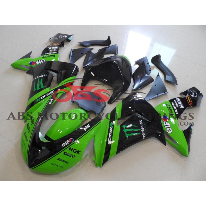 Fairings For A Kawasaki ZX10R (2006-2007) Green, Black Monster Energy Race Kit Clear Windscreen: Free No Seat Cowl No Bolt Kit