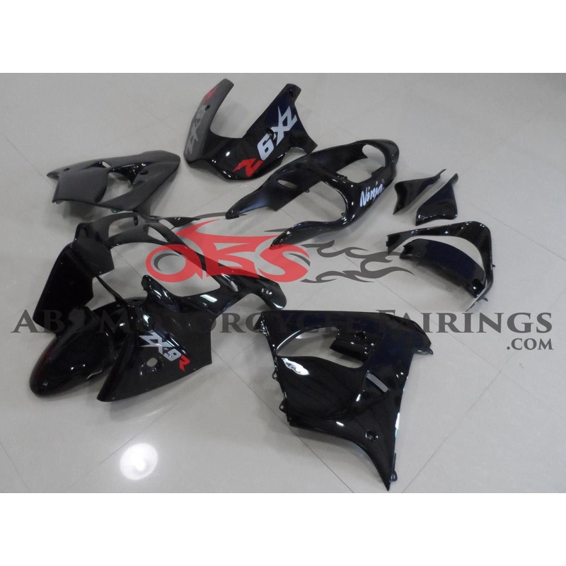 Fairings for Kawasaki ZX-9R (1998-1999) Black All Black with Grey Decals Clear (Injection Mold) Select Bolt Kit