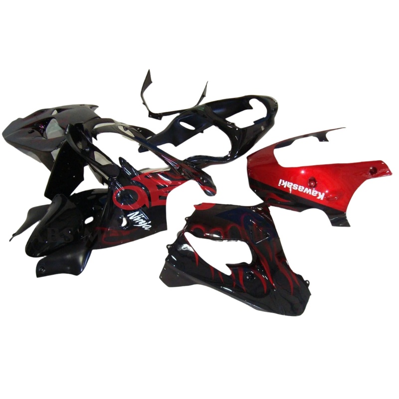 Fairings for Kawasaki ZX-9R (2002-2003) Black, Candy Apple Red Flames CLEAR WINDSCREEN: FREE NO SEAT COWL NO BOLT KIT