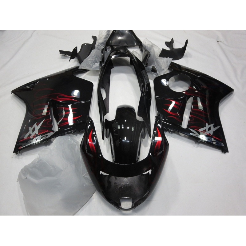 HONDA CBR1100XX Super Blackbird (1996-2007) BLACK & CANDY APPLE RED FLAME FAIRINGS Clear Windscreen: Free No Bolt Kit No Tank