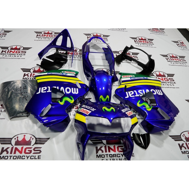 Honda VFR800 (1998-2001) Blue & Green Movistar Fairings Clear Windscreen: Free No Bolt Kit