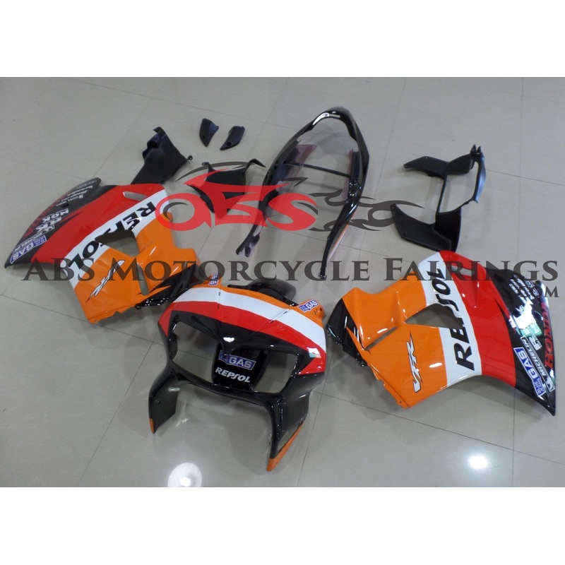 Honda VFR800 (1998-2001) Orange, Red, Black & White Repsol Fairings Clear Windscreen: Free No Bolt Kit