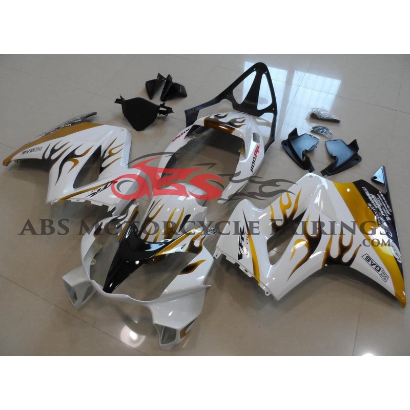 Honda VFR800 (2002-2013) White, Black & Yellow Flame Fairings No Seat Cowl No Bolt Kit No Tank