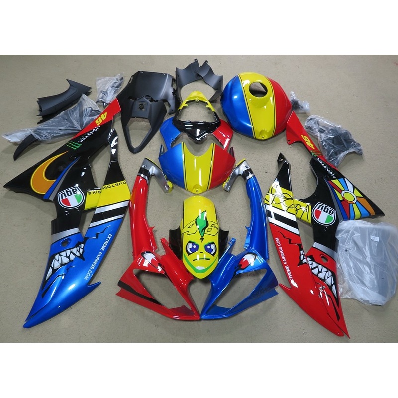 Yamaha YZF-R6 (2008-2016) Red, Blue, Yellow & Black Shark Teeth Fairings No Seat Cowl No Bolt Kit No Tank