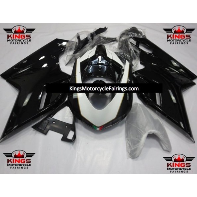 Ducati 1098 (2007-2012) Black, White & Gold Fairings Clear Windscreen: Free No Seat Cowl No Bolt Kit