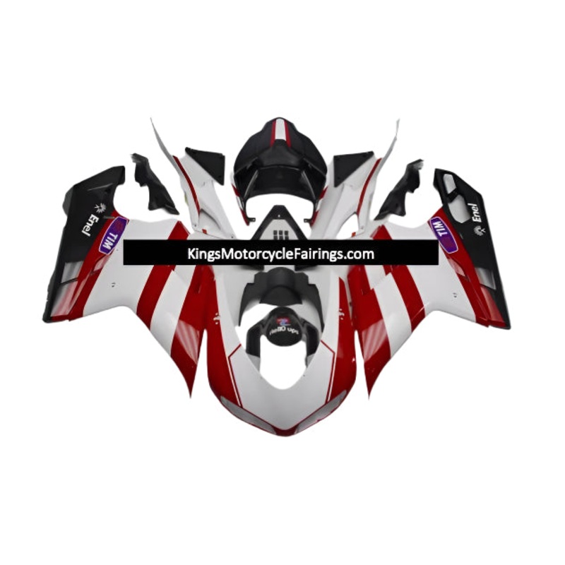 Ducati 1098 (2007-2012) Red, White, Black Striped Fairings Clear Windscreen: Free No Seat Cowl No Bolt Kit