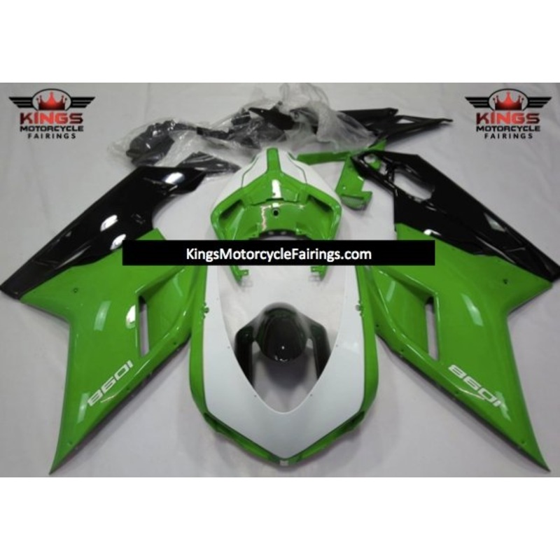 Ducati 1098 (2007-2012) White, Green & Black Fairings Clear Windscreen: Free No Seat Cowl No Bolt Kit