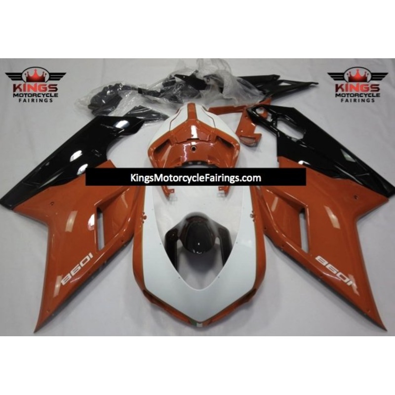 Ducati 1098 (2007-2012) White, Orange Brown & Black Fairings Clear Windscreen: Free No Seat Cowl No Bolt Kit