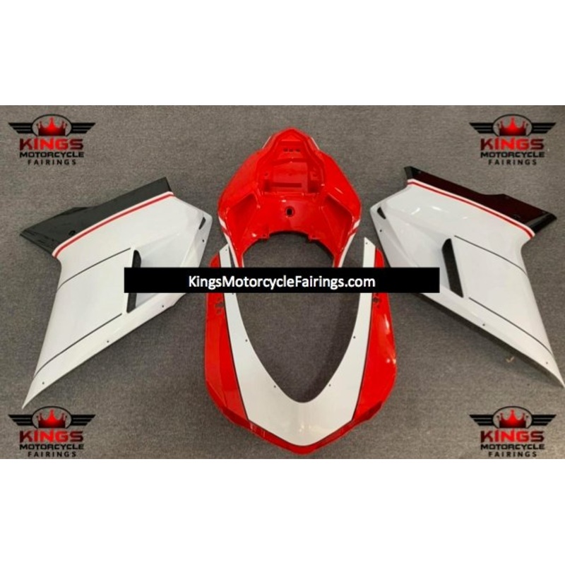 Ducati 1098 (2007-2012) White, Red & Black Stripe Fairings Clear Windscreen: Free No Seat Cowl No Bolt Kit
