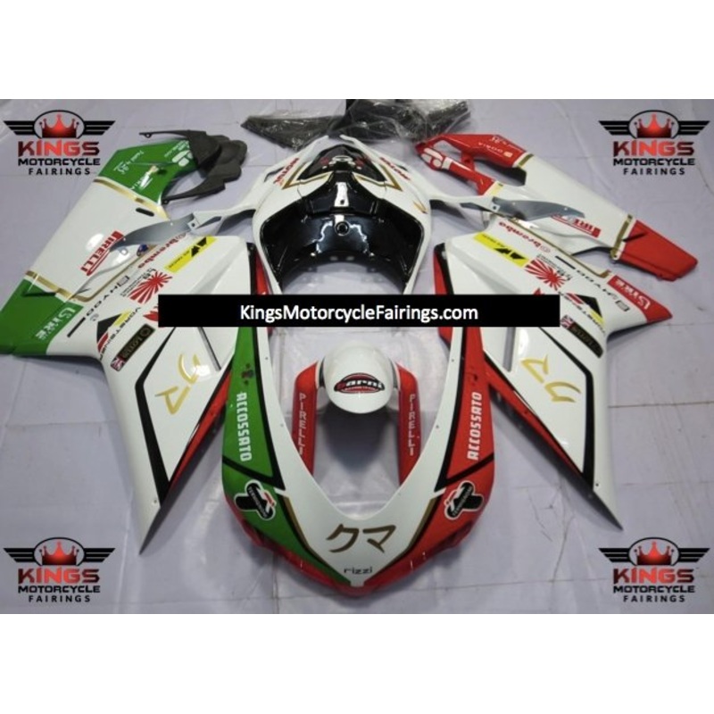Ducati 1098 (2007-2012) White, Red, Green, Black & Gold ACCOSSATO Fairings Clear Windscreen: Free No Seat Cowl No Bolt Kit