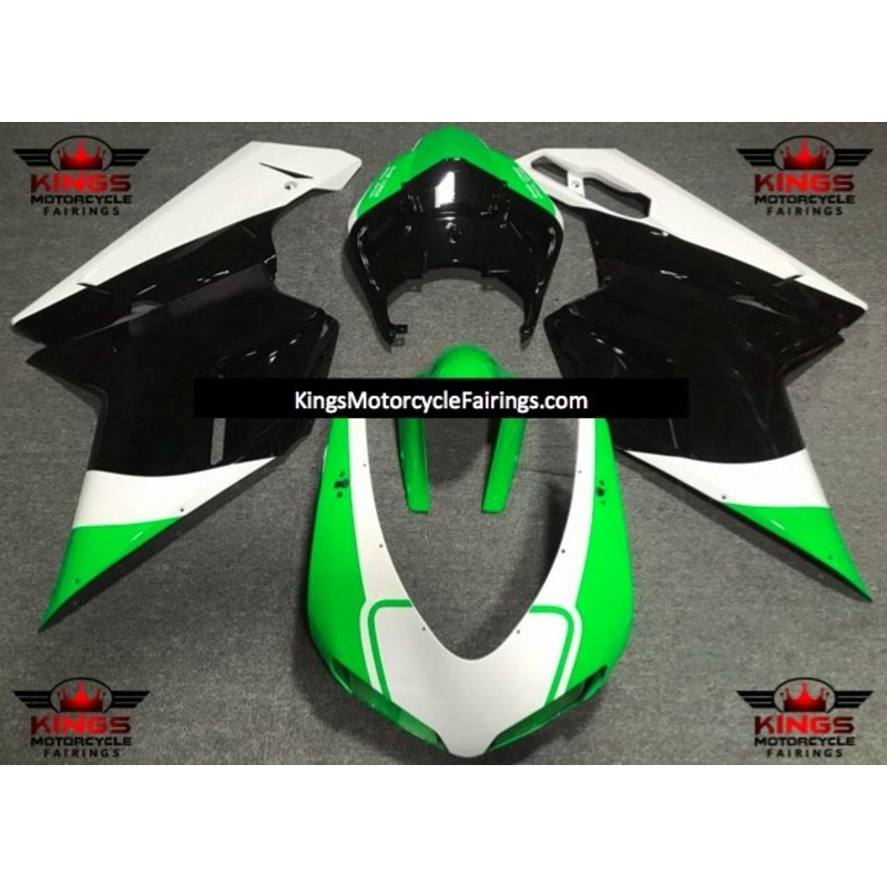 Ducati 1198 (2007-2012) Green, White & Black Fairings Clear Windscreen: Free No Seat Cowl No Bolt Kit