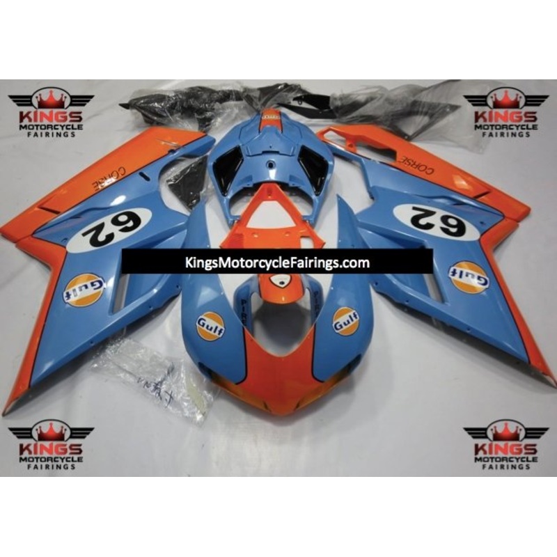 Ducati 1198 (2007-2012) Light Blue & Orange Gulf #62 Fairings Clear Windscreen: Free No Seat Cowl No Bolt Kit