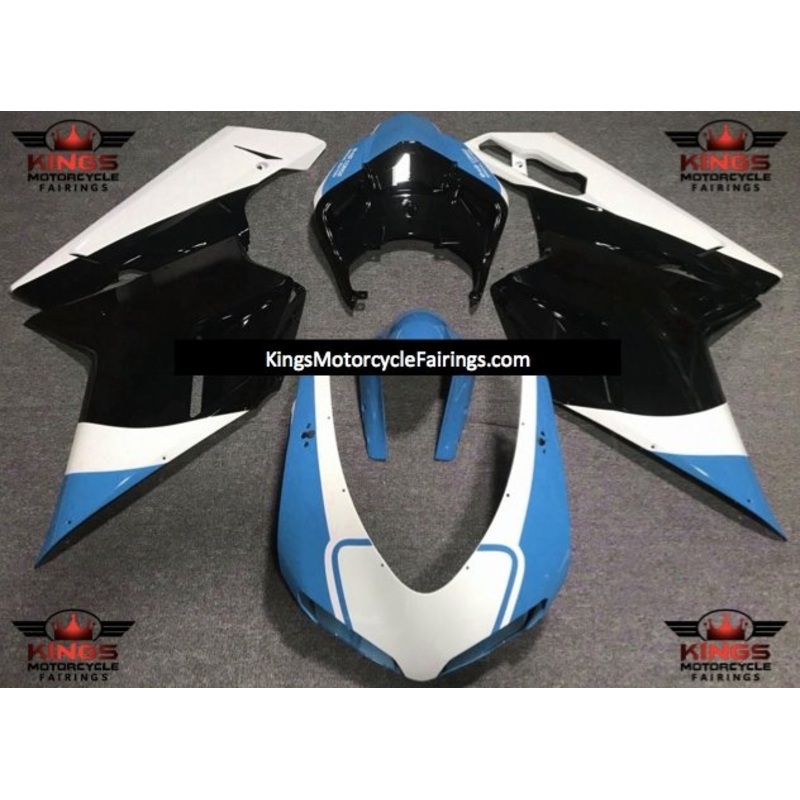 Ducati 1198 (2007-2012) Light Blue, White & Black Fairings Clear Windscreen: Free No Seat Cowl No Bolt Kit
