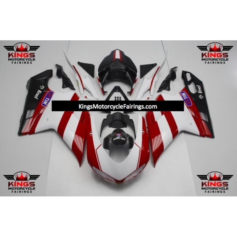 Ducati 1198 (2007-2012) Red, White & Black Striped Fairings Clear Windscreen: Free No Seat Cowl No Bolt Kit