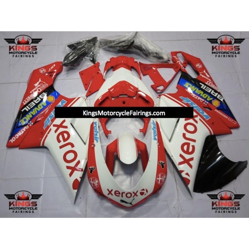 Ducati 1198 (2007-2012) Red & White XEROX Fairings Clear Windscreen: Free No Seat Cowl No Bolt Kit
