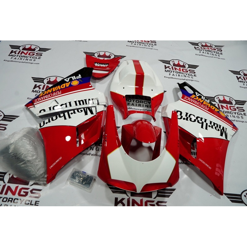 Ducati 748 (1994-2003) Red, White Marlboro Fairings Clear Windscreen: Free No Bolt Kit