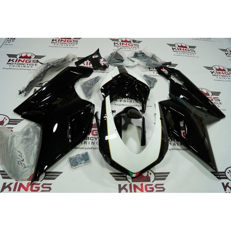 Ducati 848 (2007-2014) Black, White & Gold Fairings Clear Windscreen: Free No Seat Cowl No Bolt Kit