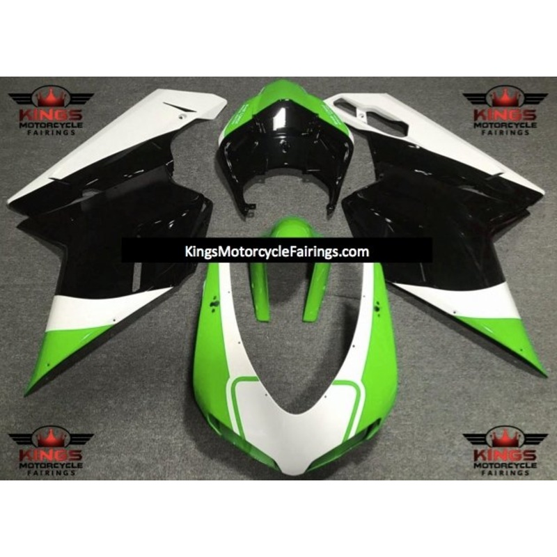 Ducati 848 (2007-2014) Green, White & Black Fairings Clear Windscreen: Free No Seat Cowl No Bolt Kit