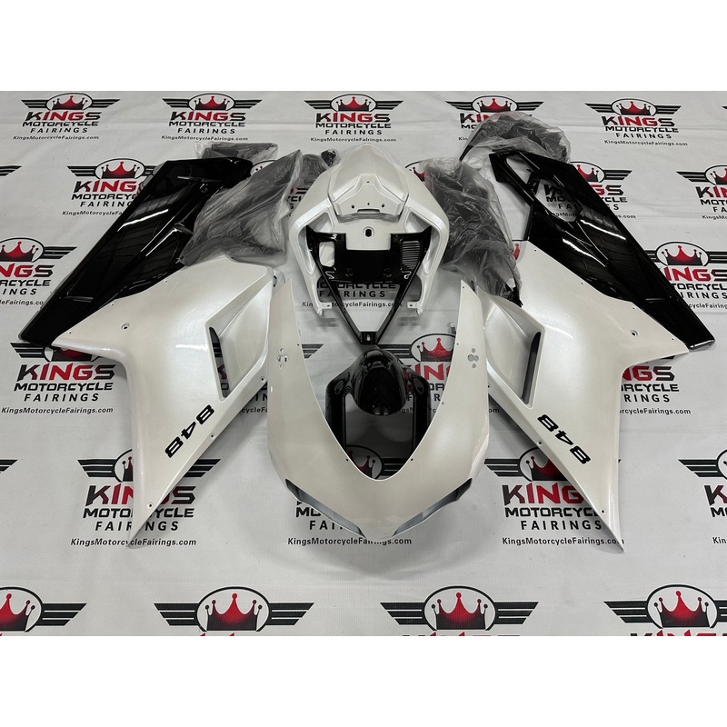 Ducati 848 (2007-2014) Pearl White, Black Fairings Clear Windscreen: Free No Seat Cowl No Bolt Kit