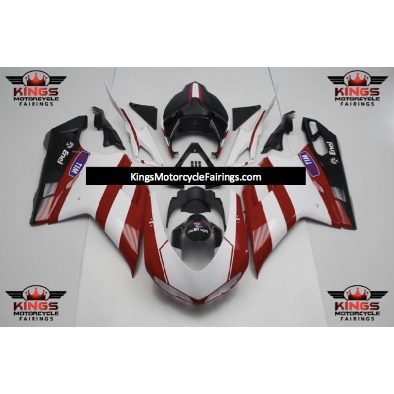 Ducati 848 (2007-2014) Red, White & Black Striped Fairings Clear Windscreen: Free No Seat Cowl No Bolt Kit