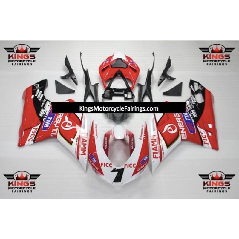 Ducati 848 (2007-2014) White, Red & Black FIAMM #7 Fairings Clear Windscreen: Free No Seat Cowl No Bolt Kit