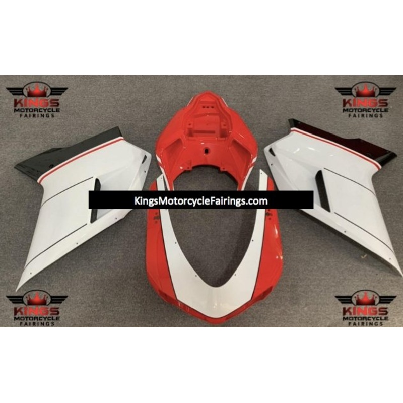Ducati 848 (2007-2014) White, Red & Black Stripe Fairings Clear Windscreen: Free No Seat Cowl No Bolt Kit