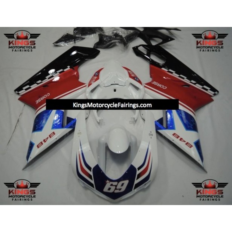 Ducati 848 (2007-2014) White, Red, Blue & Black Corse Star #69 Fairings Clear Windscreen: Free No Seat Cowl No Bolt Kit