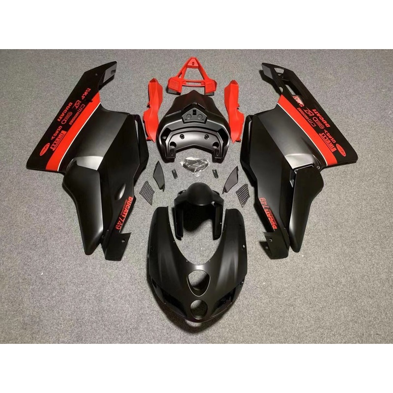 Ducati 749 (2003-2004) Matte Black & Red Fairings Clear Windscreen: Free No Seat Cowl No Bolt Kit