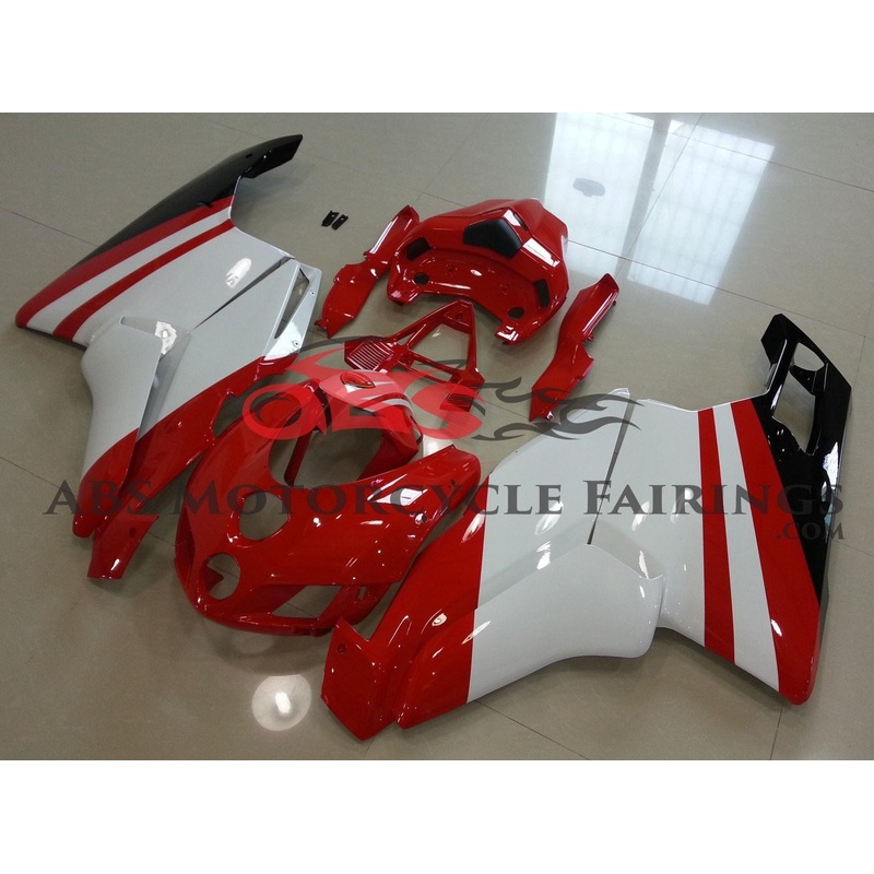 Ducati 749 (2003-2004) Red & White Stripe Fairings Clear Windscreen: Free No Seat Cowl No Bolt Kit