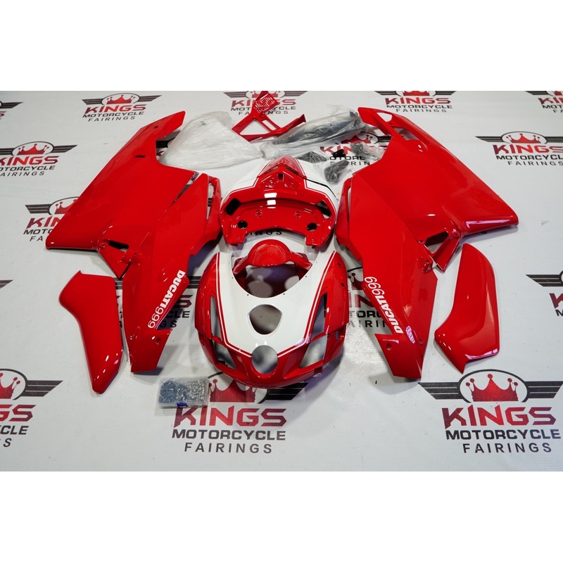 Ducati 999 (2003-2004) All Red, White Fairings Clear Windscreen: Free No Seat Cowl No Bolt Kit