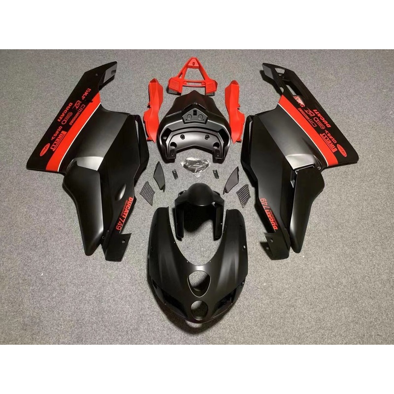 Ducati 999 (2003-2004) Matte Black & Red Fairings Clear Windscreen: Free No Seat Cowl No Bolt Kit