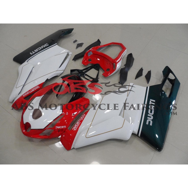Ducati 999 (2005-2006) Red, White & Green Fairings Clear Windscreen: Free No Seat Cowl No Bolt Kit