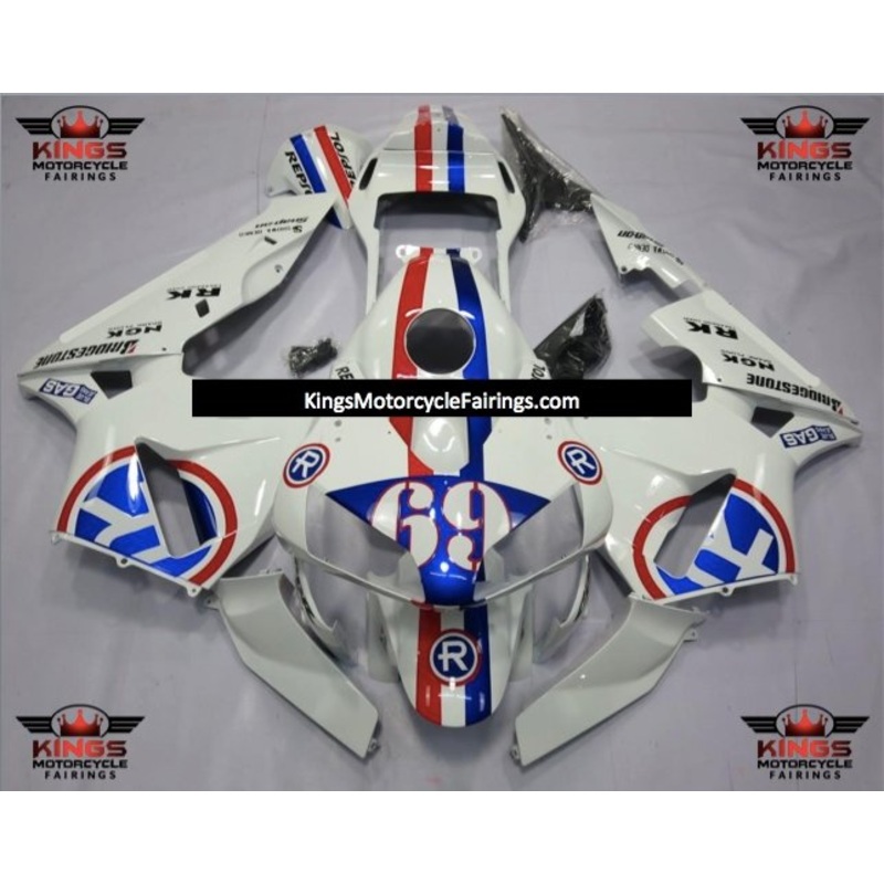 Honda CBR600RR (2003-2004) White, Red & Blue Striped #69 Fairings No Seat Cowl No Bolt Kit No Tank